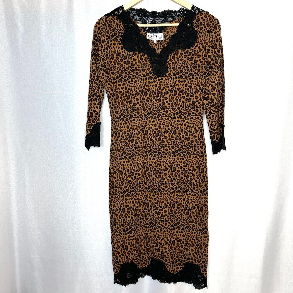 VTG SHE Sheri Bodell Silk Dress Edgy Rocker Metal Y2K Small‎ Leopard Black Lace